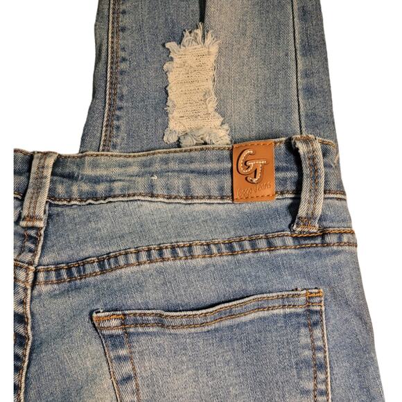 Y2K GOGO Jeans sz 5 Distressed Light Wash 3D Logo Denim Teen Low Rise Stretch - Picture 2 of 6